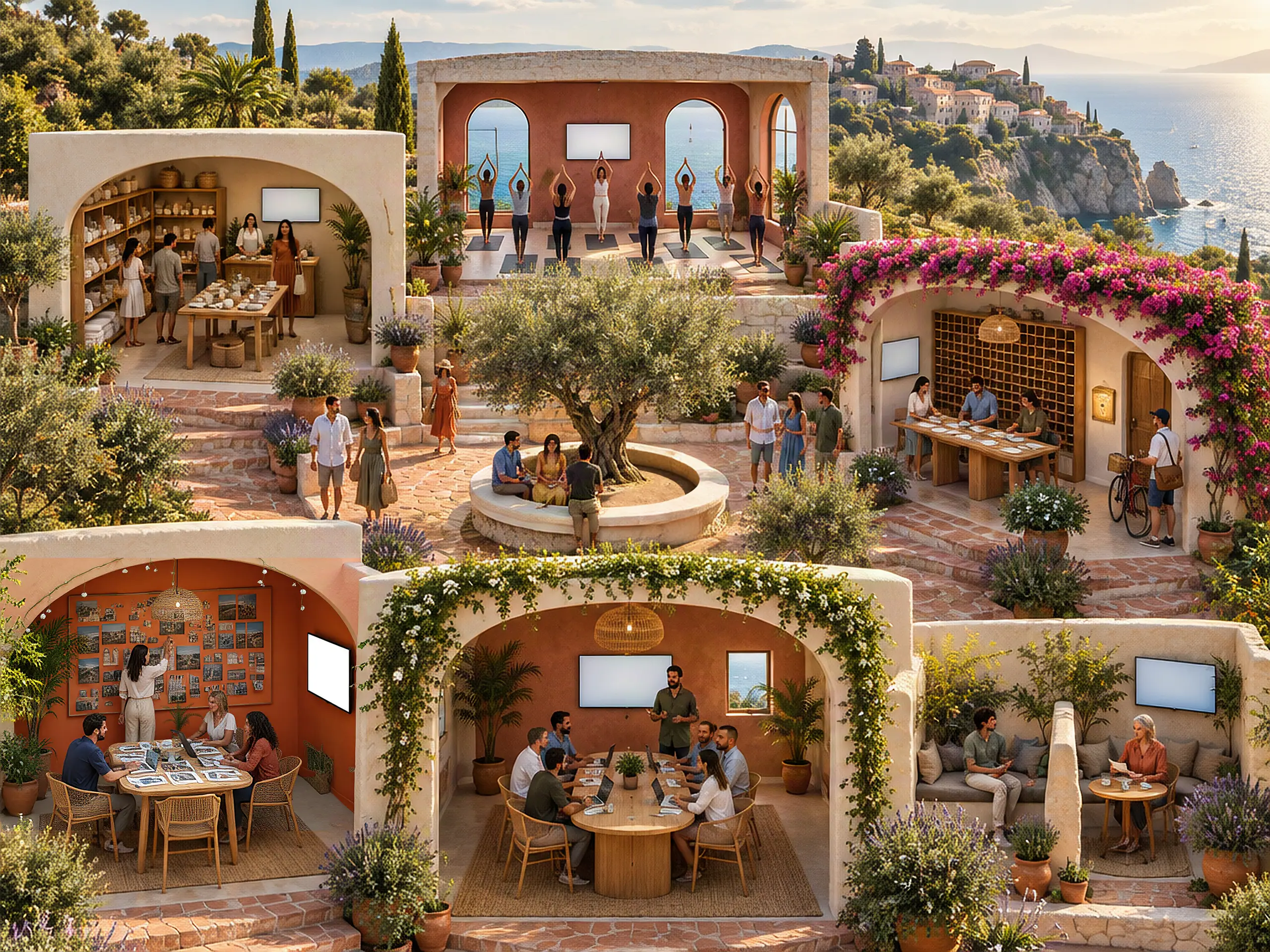 The Commons: a sunlit Mediterranean campus above the sea, with six open rooms around a courtyard where an olive tree shades a round stone bench. A shop opens under a plaster arch; a yoga studio has arched windows over the water; a mail room sits under a bougainvillea arch where a courier with a bicycle stops by; a mood-board studio holds a table of photo prints; a team room under a vine-covered arch has a round-ended table and a standing presenter; and a compact walled garden is split by a slim partition.